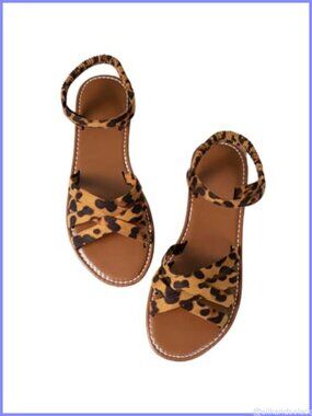 Leopard Print Flat Sandals Adjustable Ankle Strap Slip On Casual
